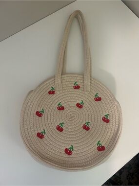 Beige Round Woven Tote Bag with Red Cherry Embroidery